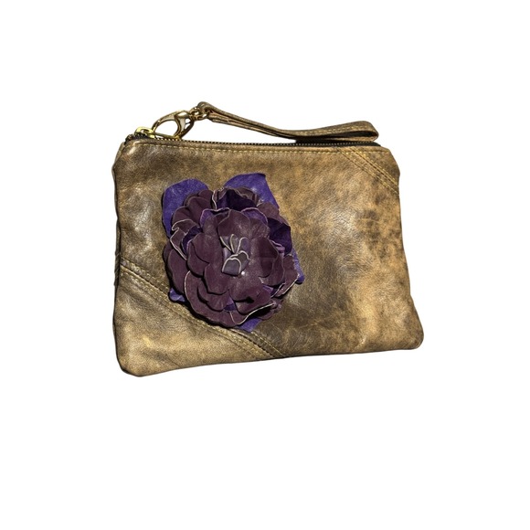Refind Originals Handbags - Refind Originals Brown Leather Wristlet Pouch Purple Flower Floral Lining Boho